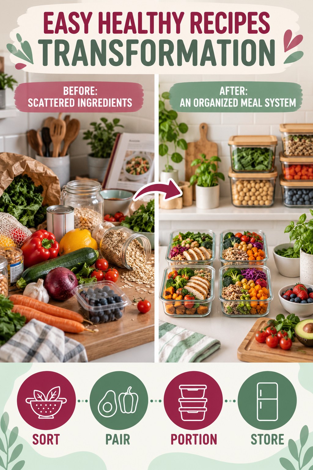 Easy Healthy Recipes habit transformation graphic comparing scattered ingredients with an organized meal system using four practical steps.