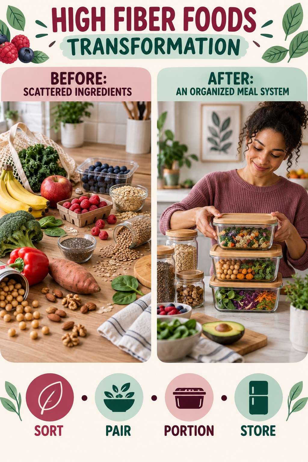 High Fiber Foods habit transformation graphic comparing scattered ingredients with an organized meal system using four practical steps.