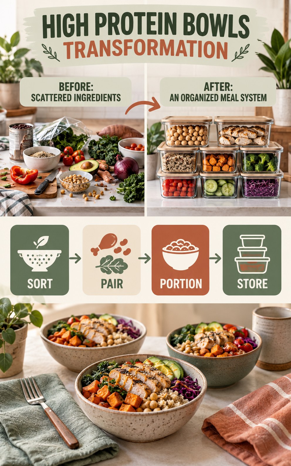 High Protein Bowls habit transformation graphic comparing scattered ingredients with an organized meal system using four practical steps.