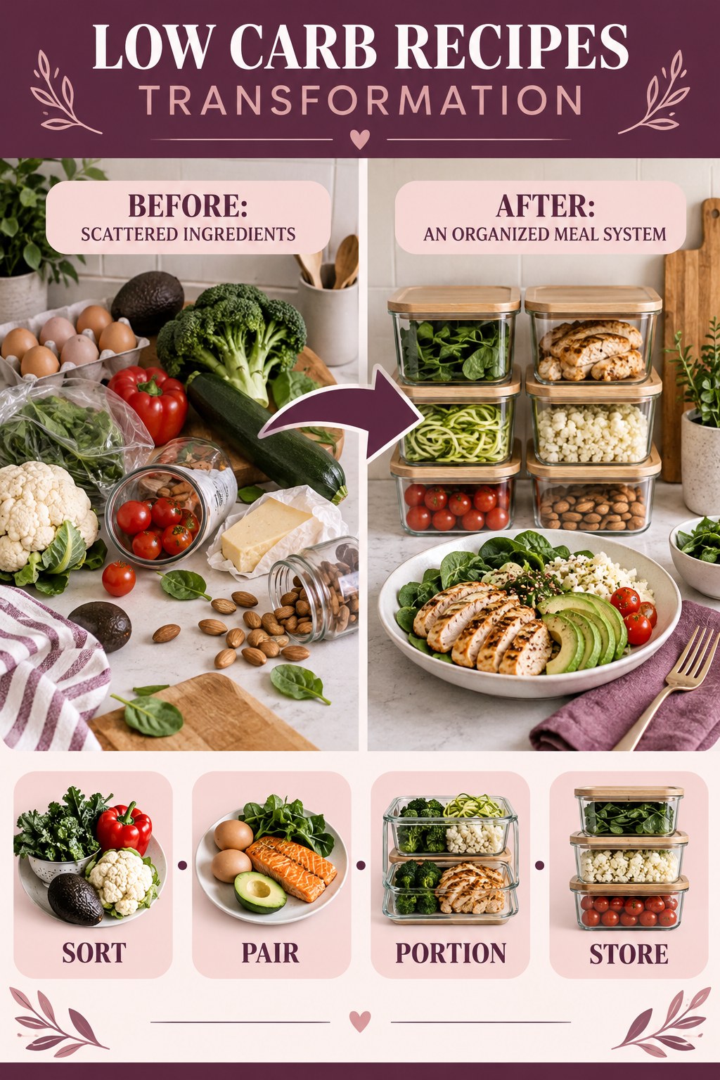 Low Carb Recipes habit transformation graphic comparing scattered ingredients with an organized meal system using four practical steps.