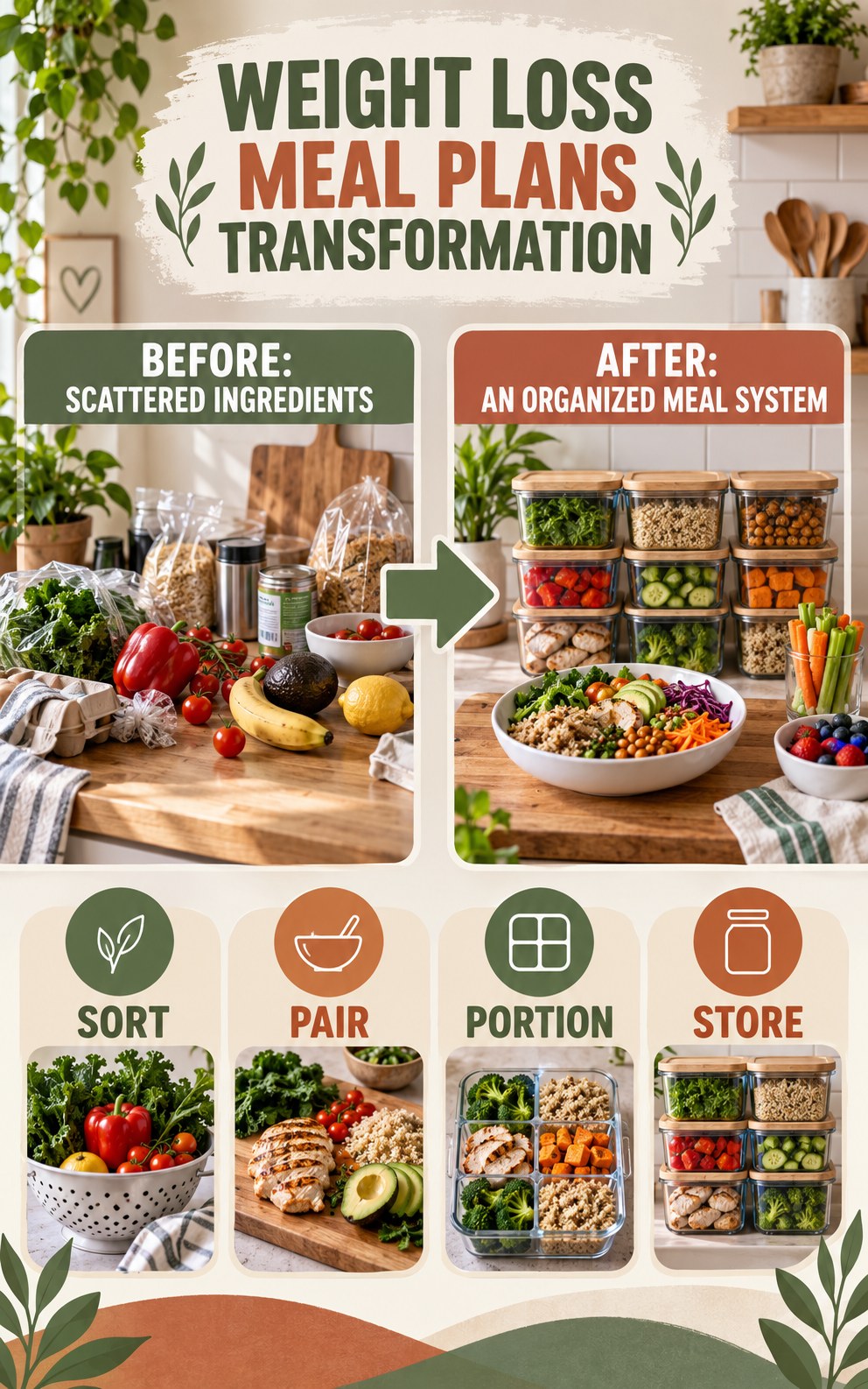 Weight Loss Meal Plans habit transformation graphic comparing scattered ingredients with an organized meal system using four practical steps.