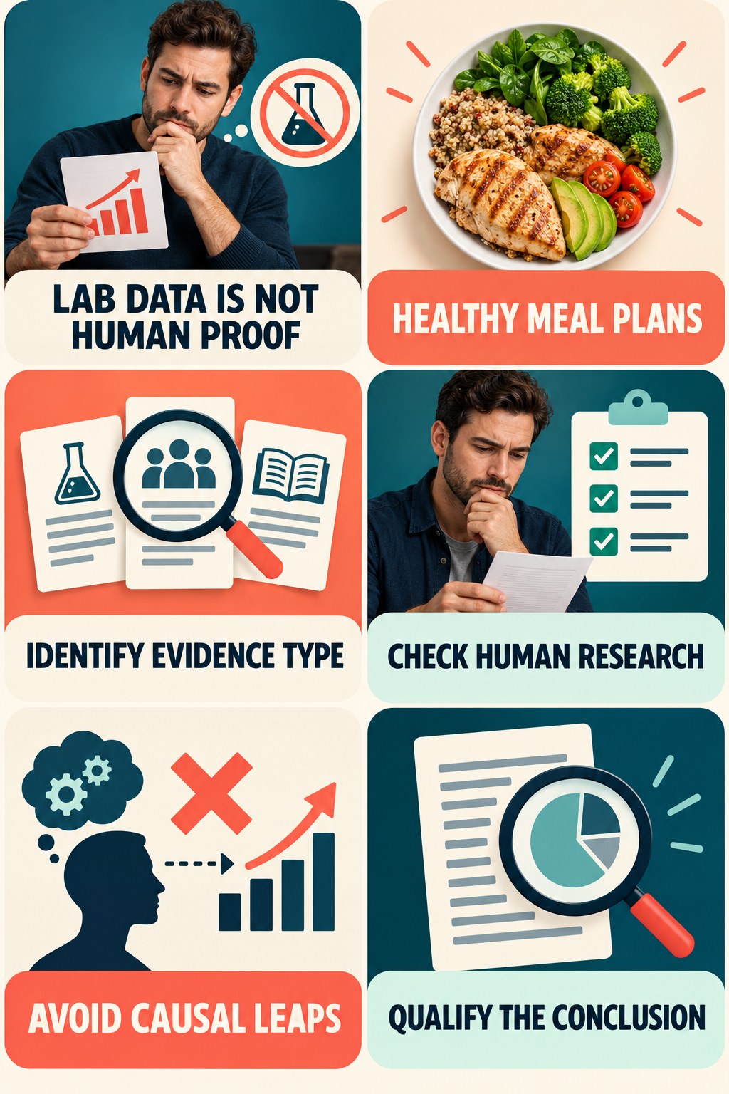 Animal and Lab Data Cannot Prove Human Outcomes evidence-literacy infographic for Healthy Meal Plans with four concise claim-evaluation checks.
