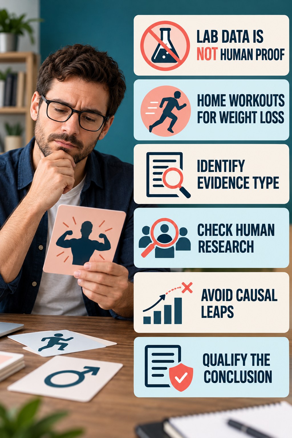 Animal and Lab Data Cannot Prove Human Outcomes evidence-literacy infographic for Home Workouts for Weight Loss with four concise claim-evaluation checks.
