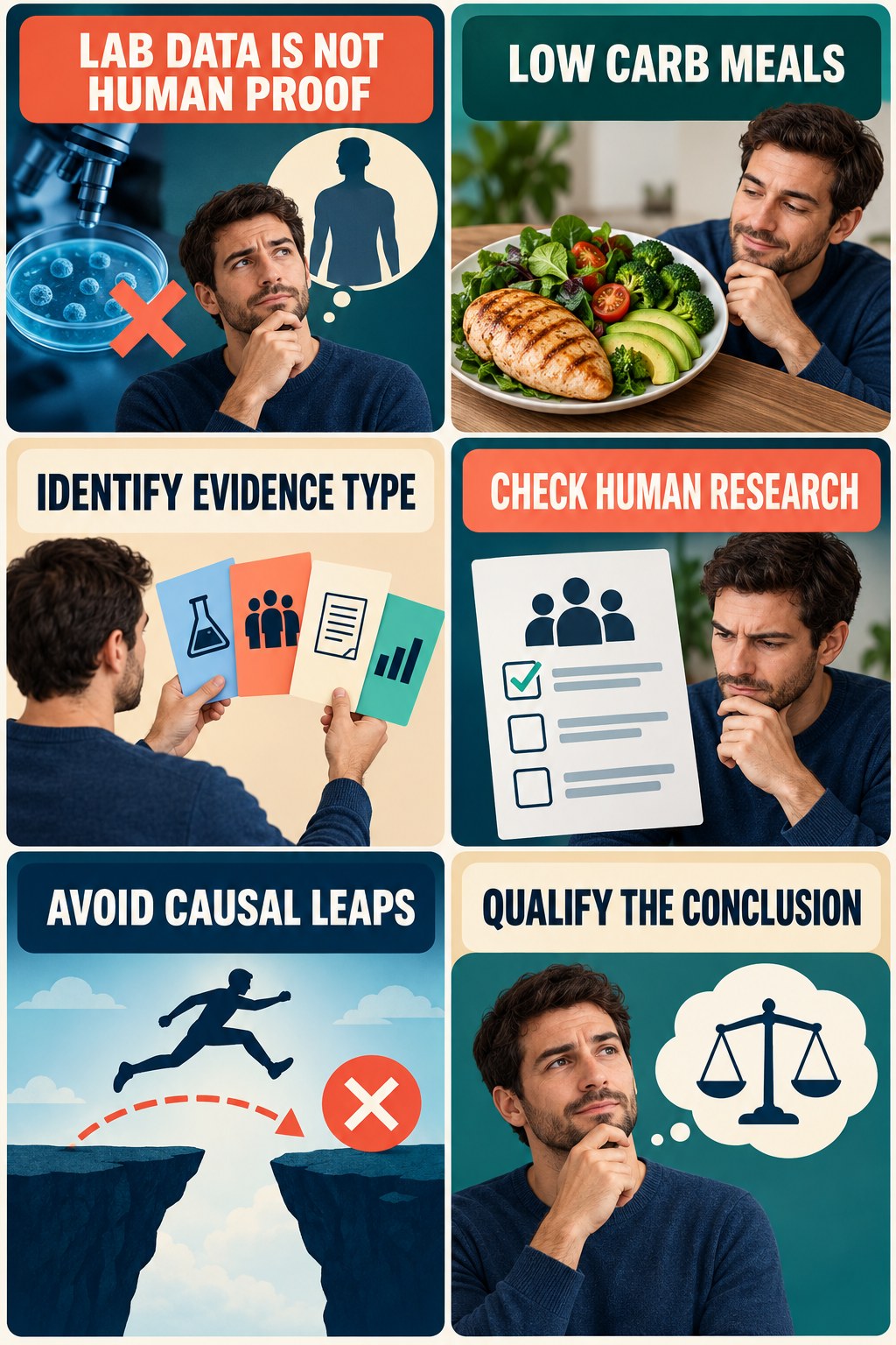 Animal and Lab Data Cannot Prove Human Outcomes evidence-literacy infographic for Low Carb Meals with four concise claim-evaluation checks.
