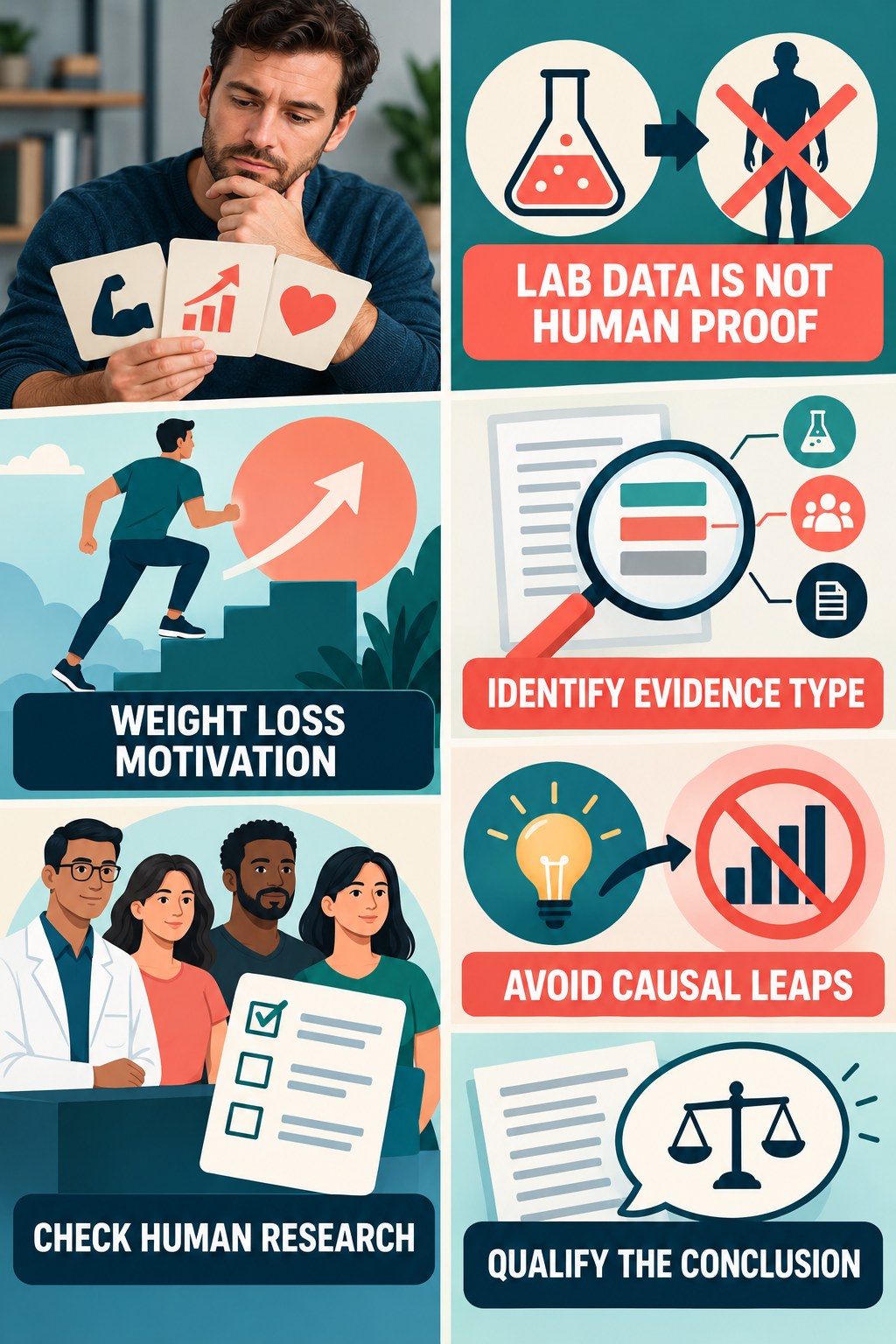 Animal and Lab Data Cannot Prove Human Outcomes evidence-literacy infographic for Weight Loss Motivation with four concise claim-evaluation checks.