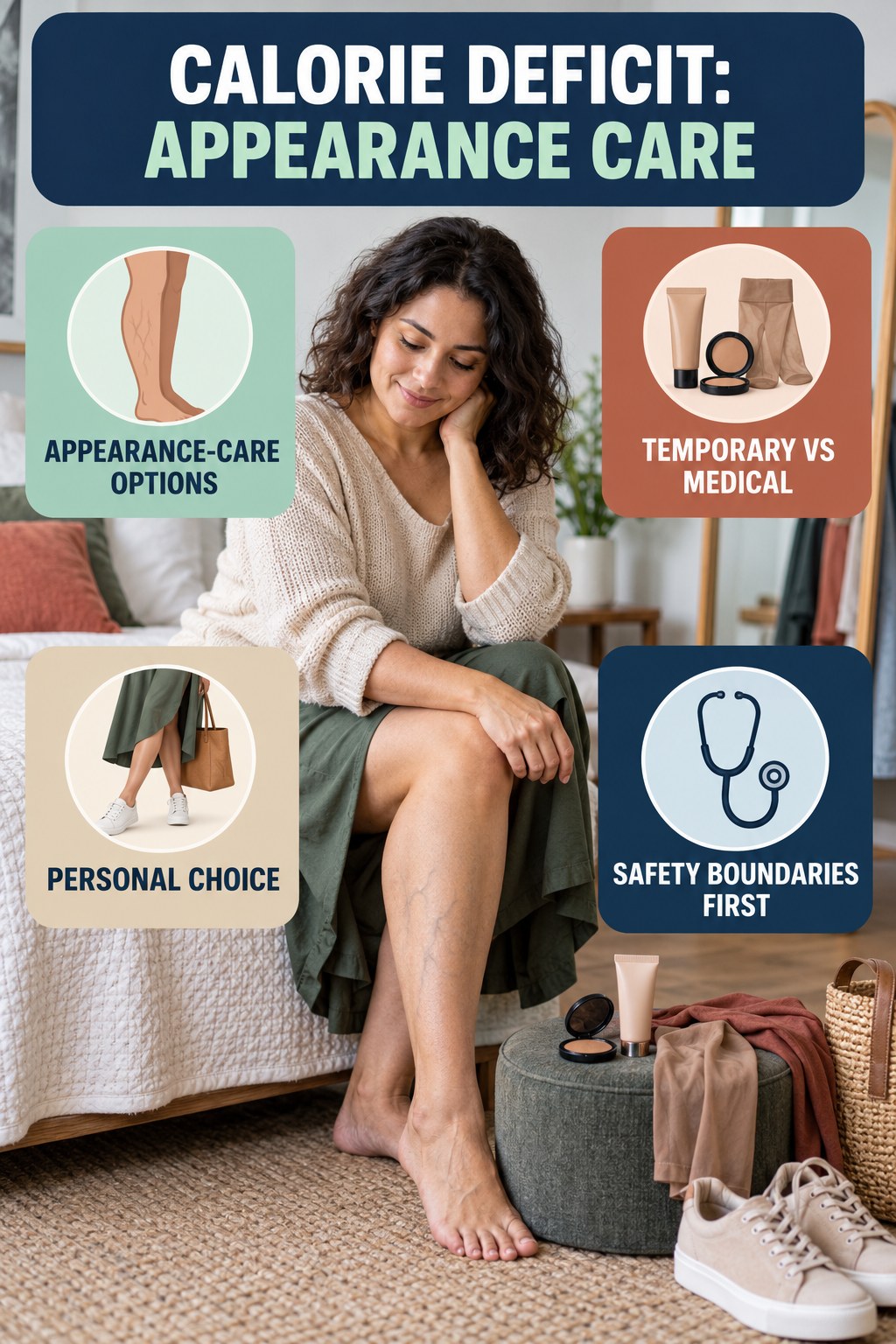 Appearance-Care Decision Guide infographic for Calorie Deficit, showing body-neutral visible-leg-vein appearance care and the boundary between temporary cosmetic support and treatment.