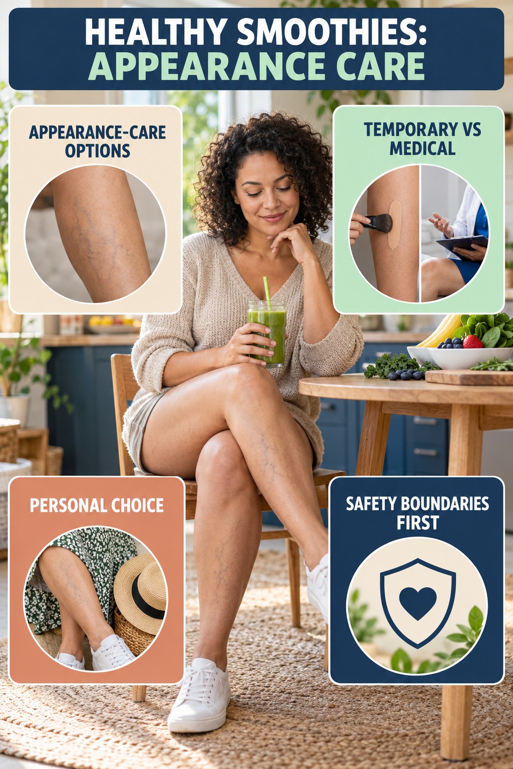 Appearance-Care Decision Guide infographic for Healthy Smoothies, showing body-neutral visible-leg-vein appearance care and the boundary between temporary cosmetic support and treatment.