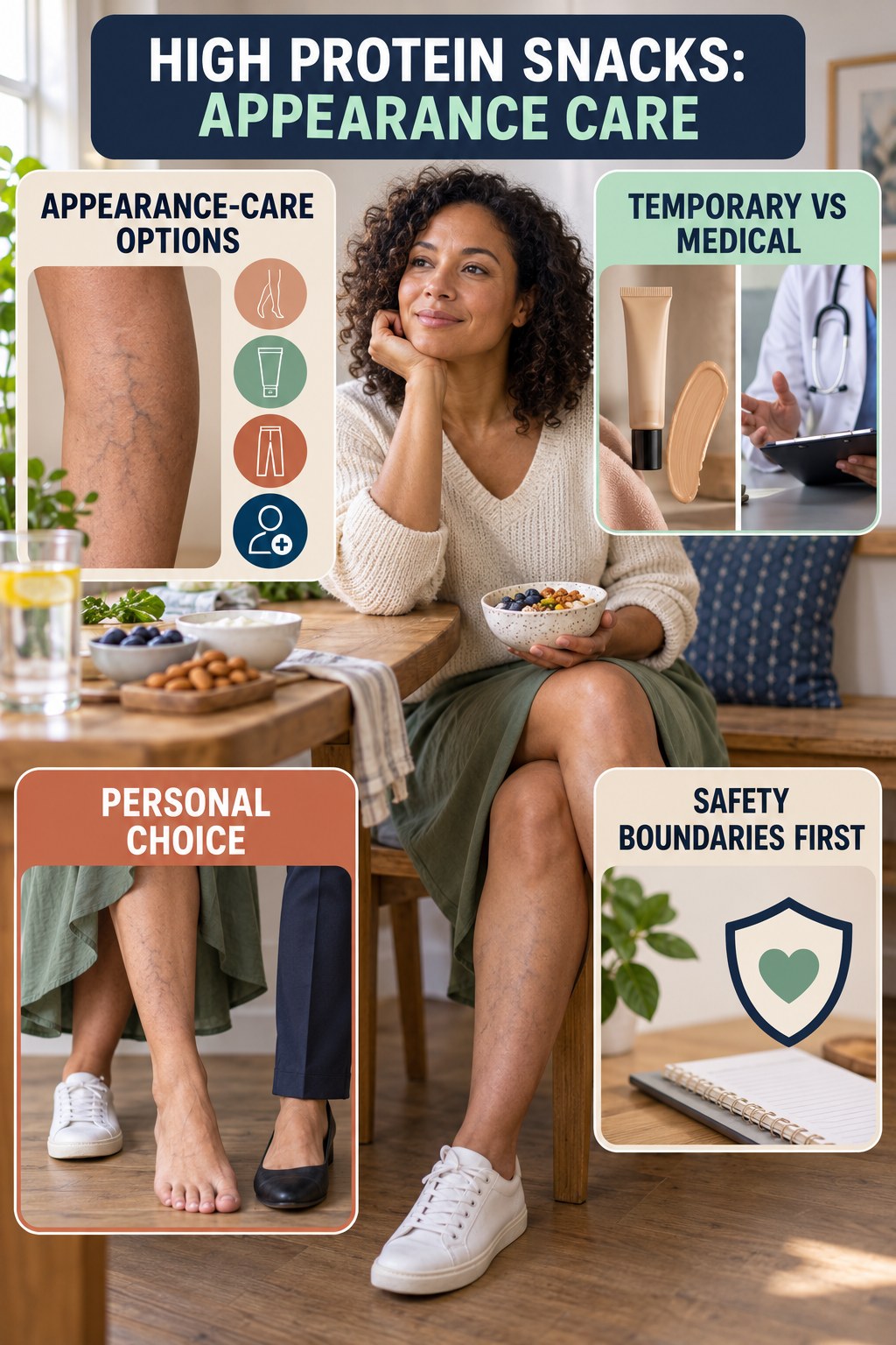 Appearance-Care Decision Guide infographic for High Protein Snacks, showing body-neutral visible-leg-vein appearance care and the boundary between temporary cosmetic support and treatment.