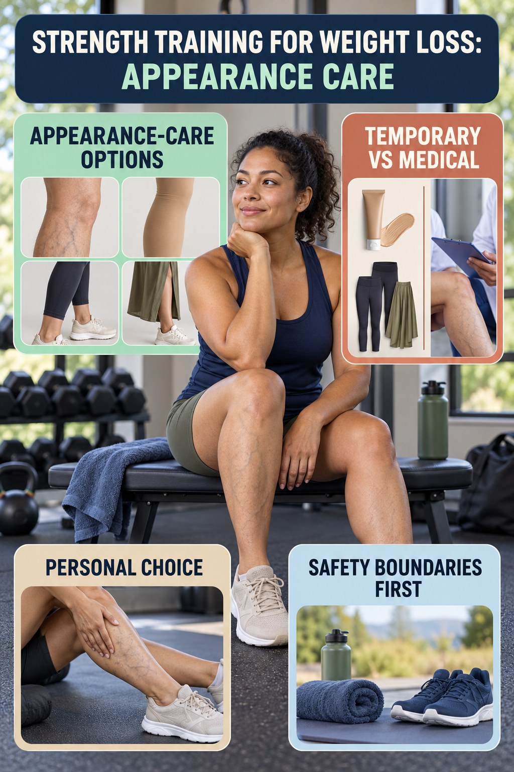 Appearance-Care Decision Guide infographic for Strength Training for Weight Loss, showing body-neutral visible-leg-vein appearance care and the boundary between temporary cosmetic support and treatment.