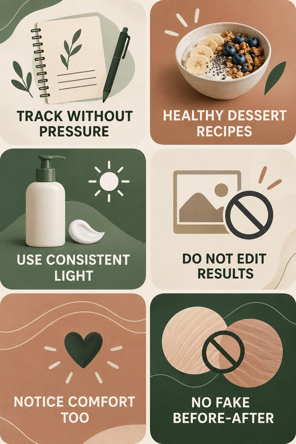 Appearance Tracking Without Before-After Deception infographic for Healthy Dessert Recipes with four concise, body-neutral stretch-mark skincare points.