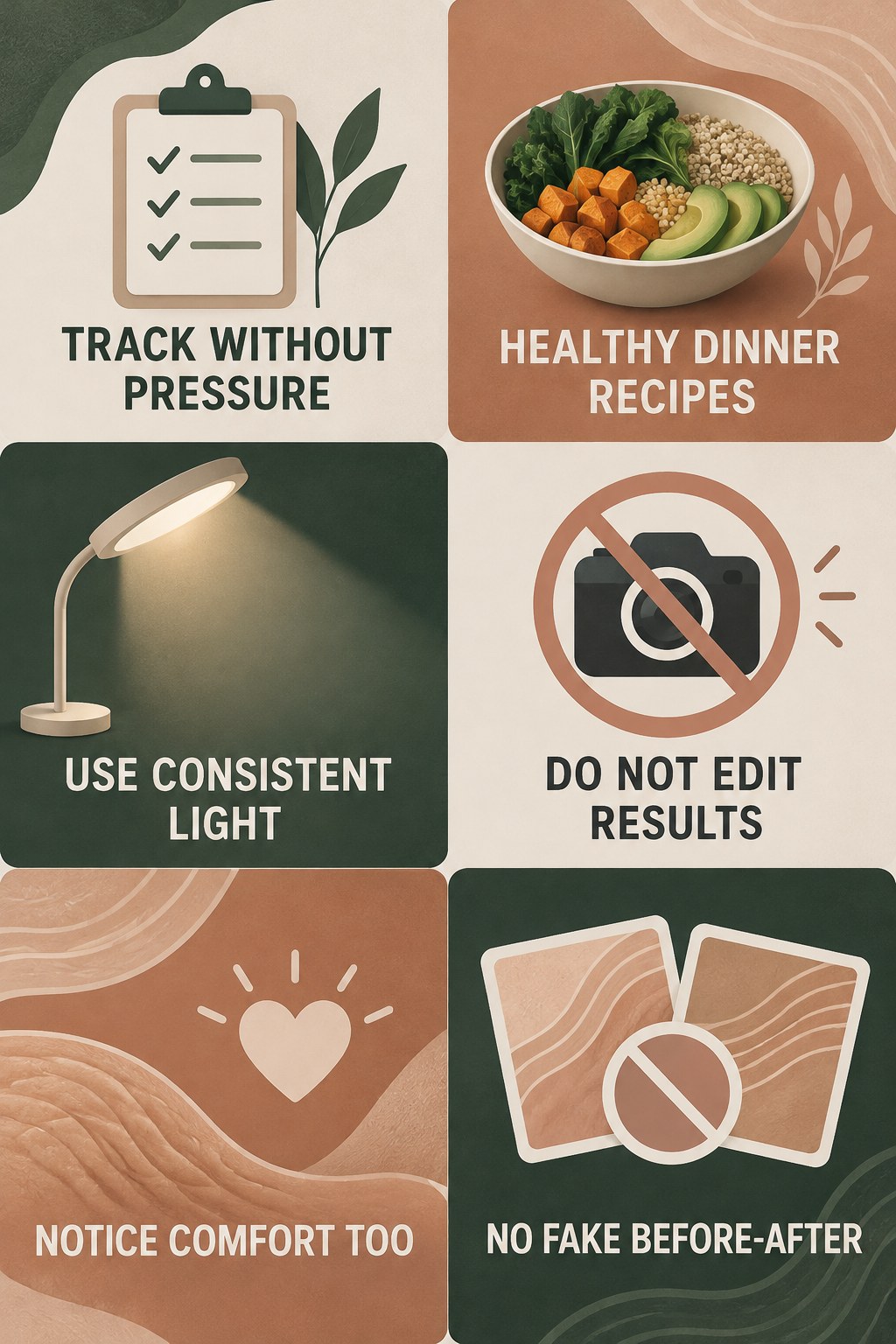 Appearance Tracking Without Before-After Deception infographic for Healthy Dinner Recipes with four concise, body-neutral stretch-mark skincare points.