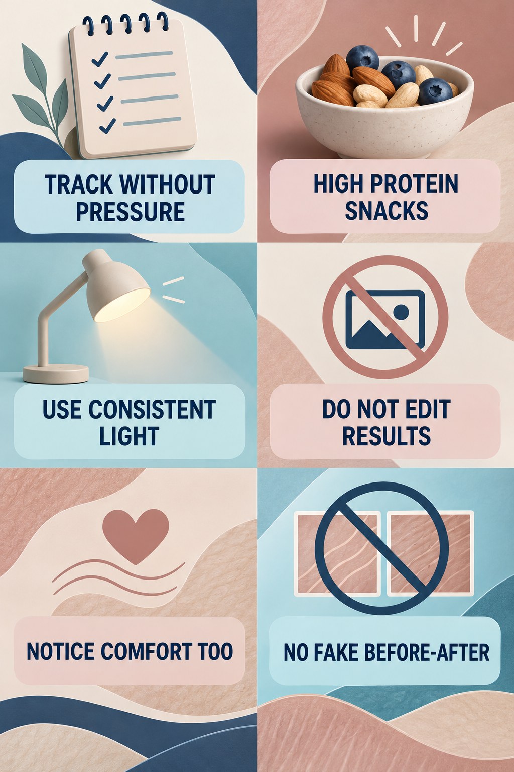 Appearance Tracking Without Before-After Deception infographic for High Protein Snacks with four concise, body-neutral stretch-mark skincare points.