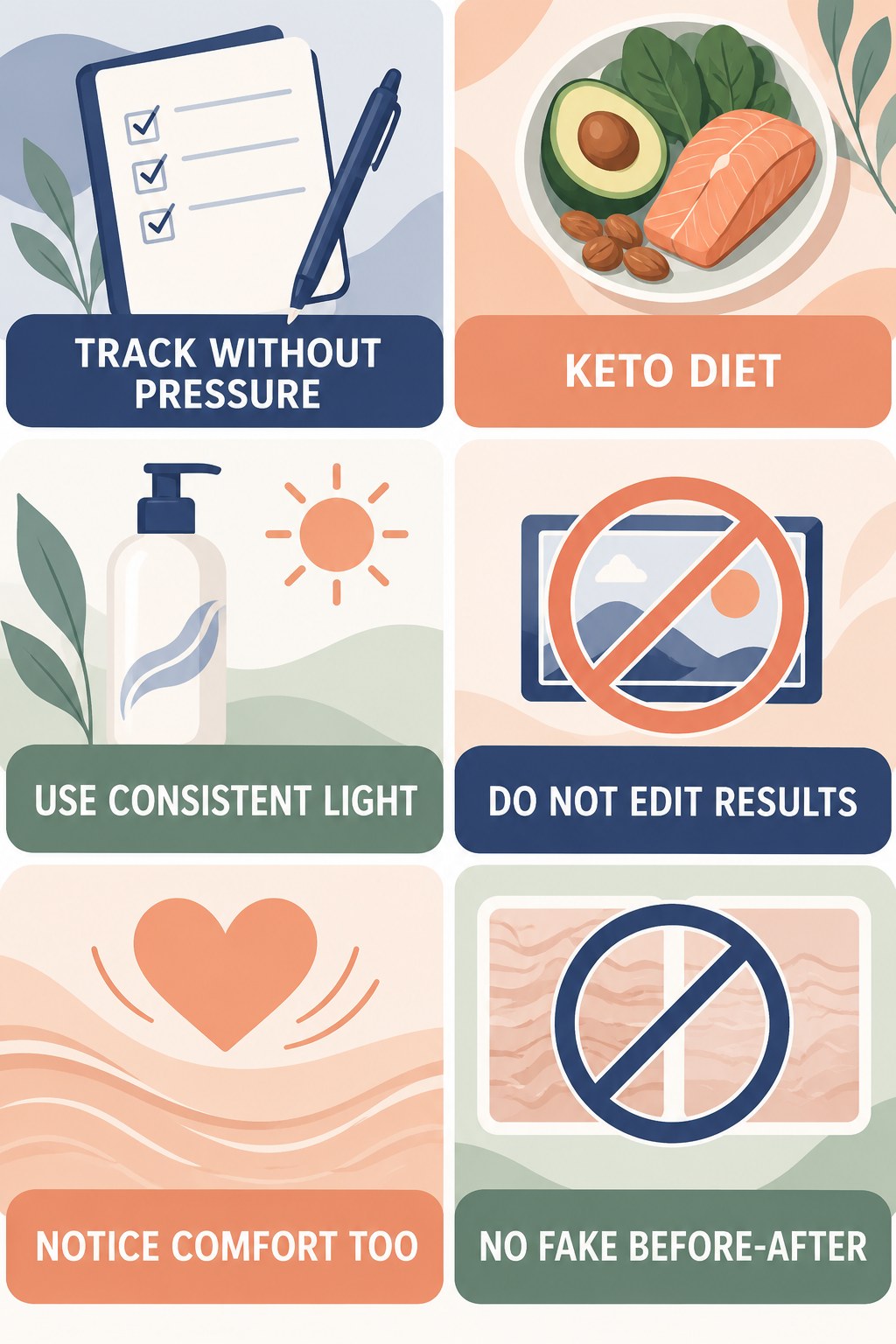 Appearance Tracking Without Before-After Deception infographic for Keto Diet with four concise, body-neutral stretch-mark skincare points.