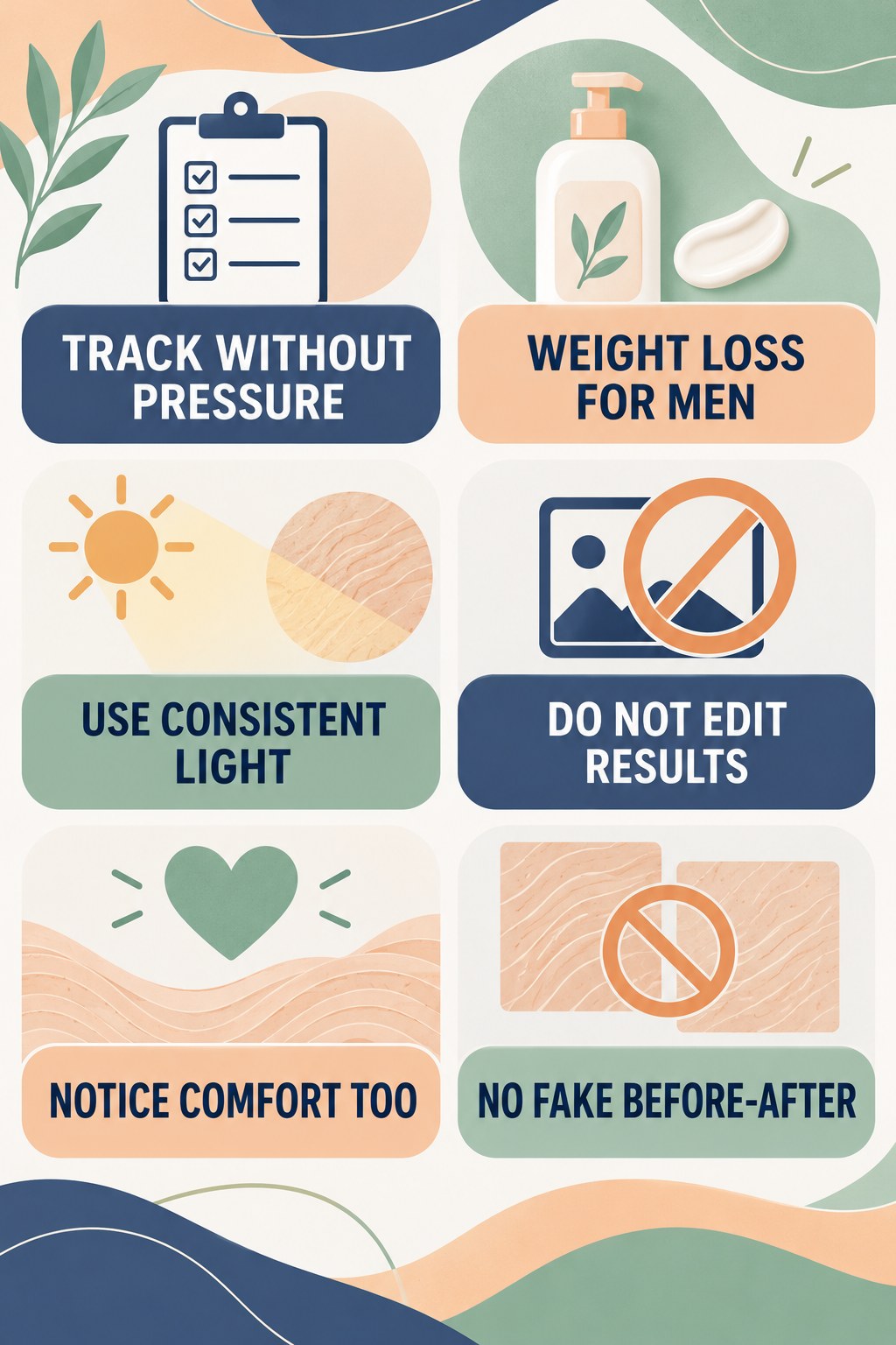 Appearance Tracking Without Before-After Deception infographic for Weight Loss for Men with four concise, body-neutral stretch-mark skincare points.