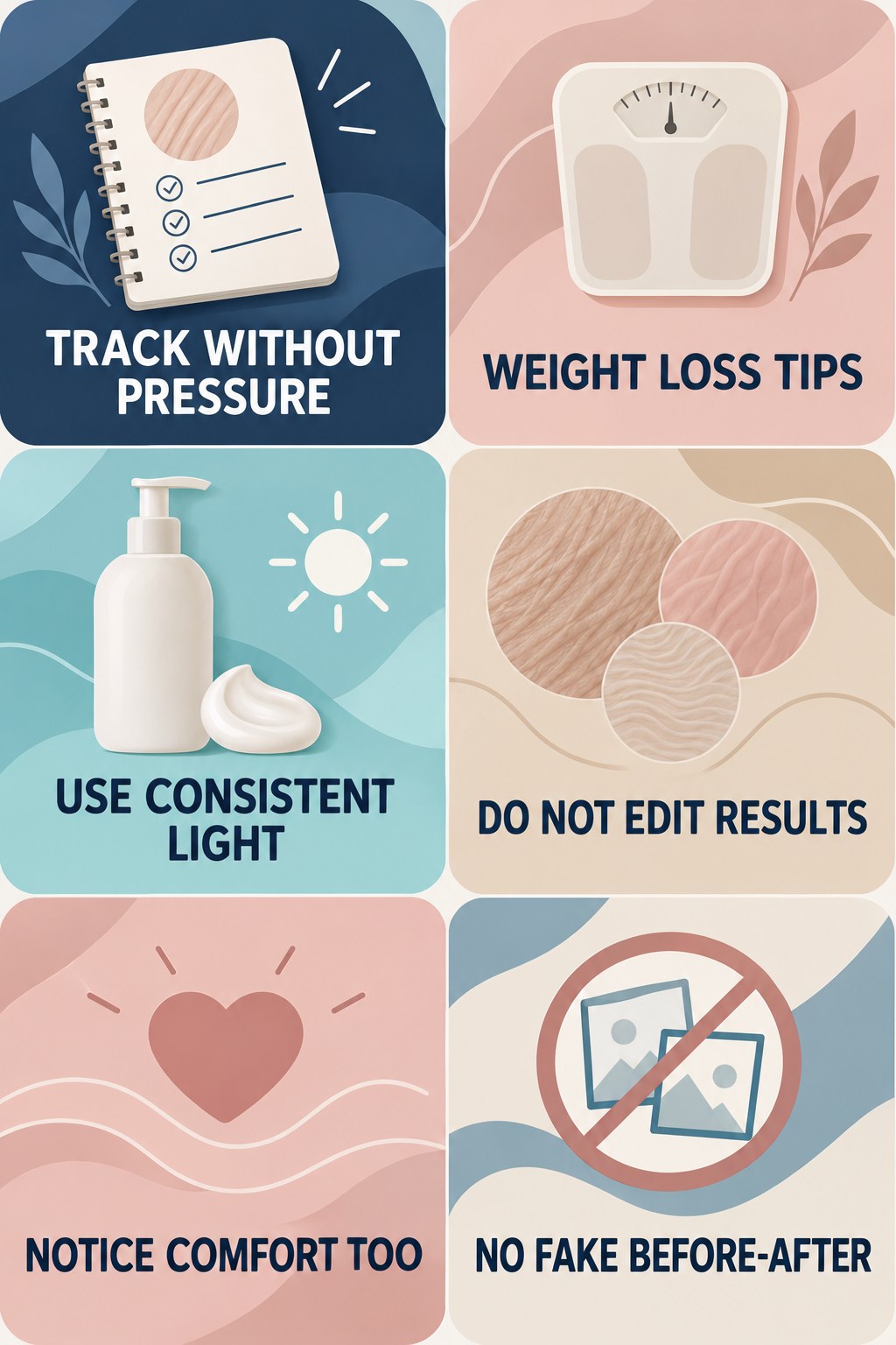 Appearance Tracking Without Before-After Deception infographic for Weight Loss Tips with four concise, body-neutral stretch-mark skincare points.