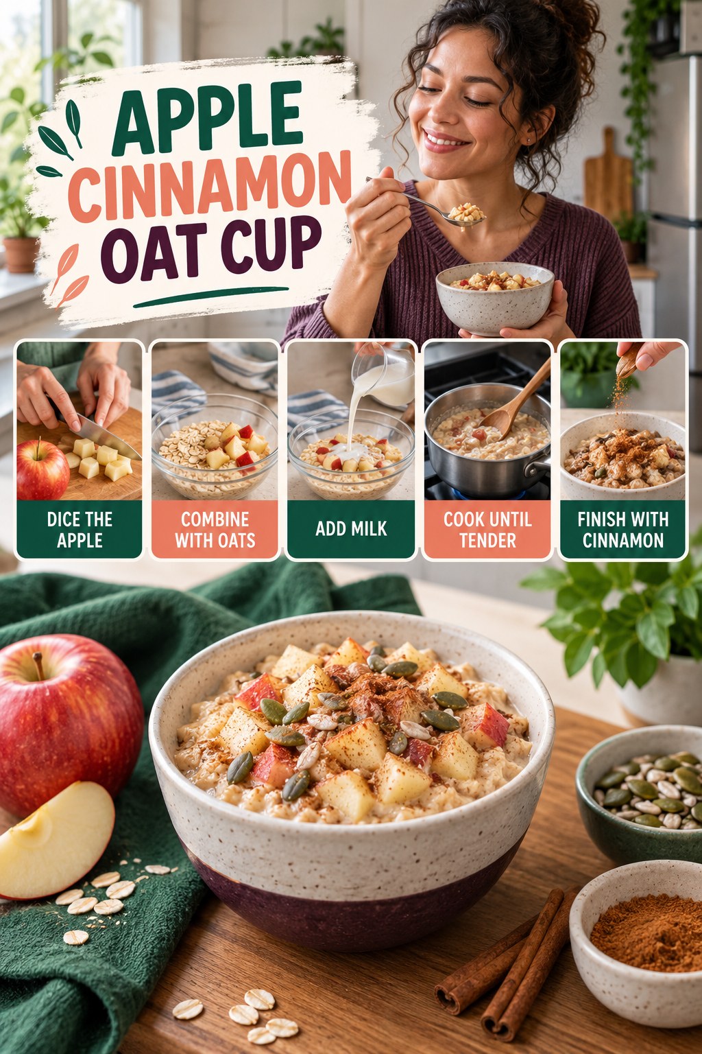 Apple Cinnamon Oat Cup for Weight Loss Journey with five readable preparation cues and a realistic finished dish.