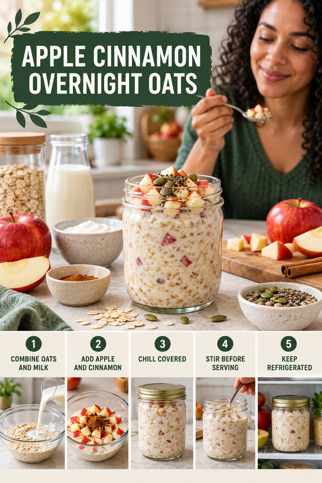 Apple Cinnamon Overnight Oats for Calorie Deficit with five readable preparation cues and a realistic finished dish.