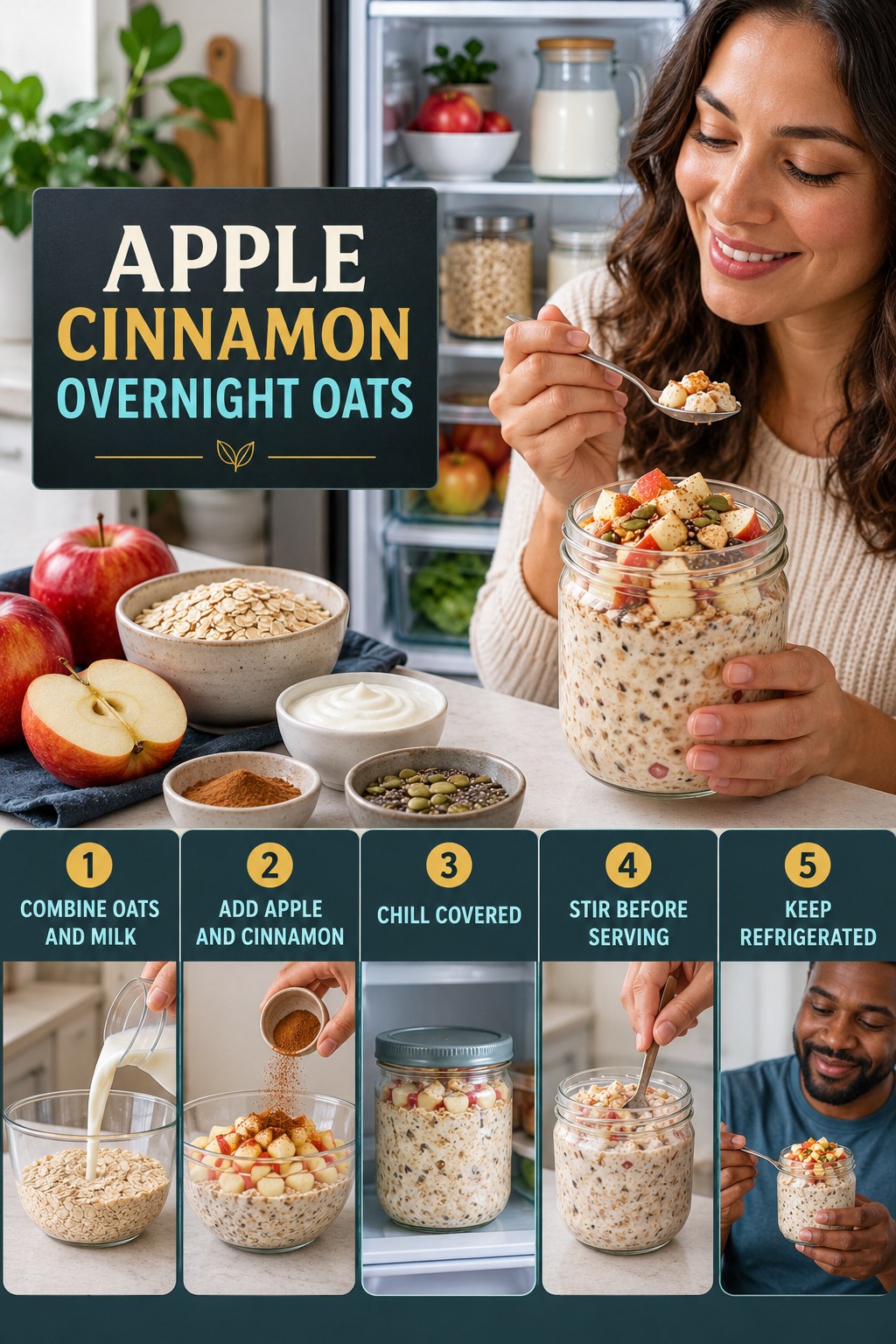Apple Cinnamon Overnight Oats for Healthy Dessert Recipes with five readable preparation cues and a realistic finished dish.