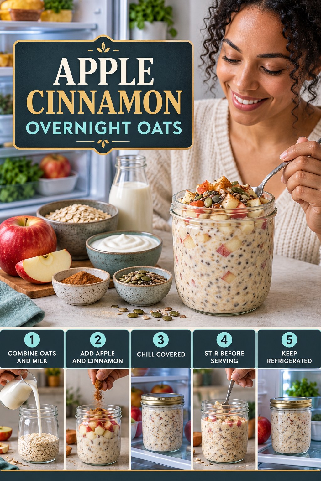 Apple Cinnamon Overnight Oats for Healthy Dinner Recipes with five readable preparation cues and a realistic finished dish.