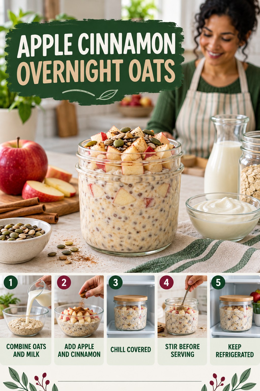 Apple Cinnamon Overnight Oats for Healthy Recipes with five readable preparation cues and a realistic finished dish.