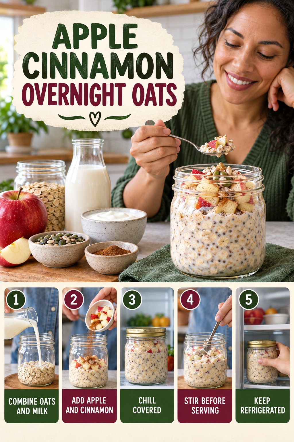 Apple Cinnamon Overnight Oats for High Protein Meals with five readable preparation cues and a realistic finished dish.