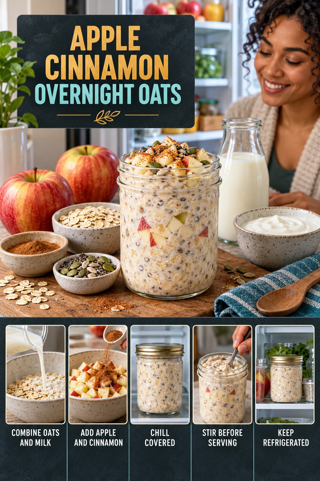 Apple Cinnamon Overnight Oats for High Protein Snacks with five readable preparation cues and a realistic finished dish.