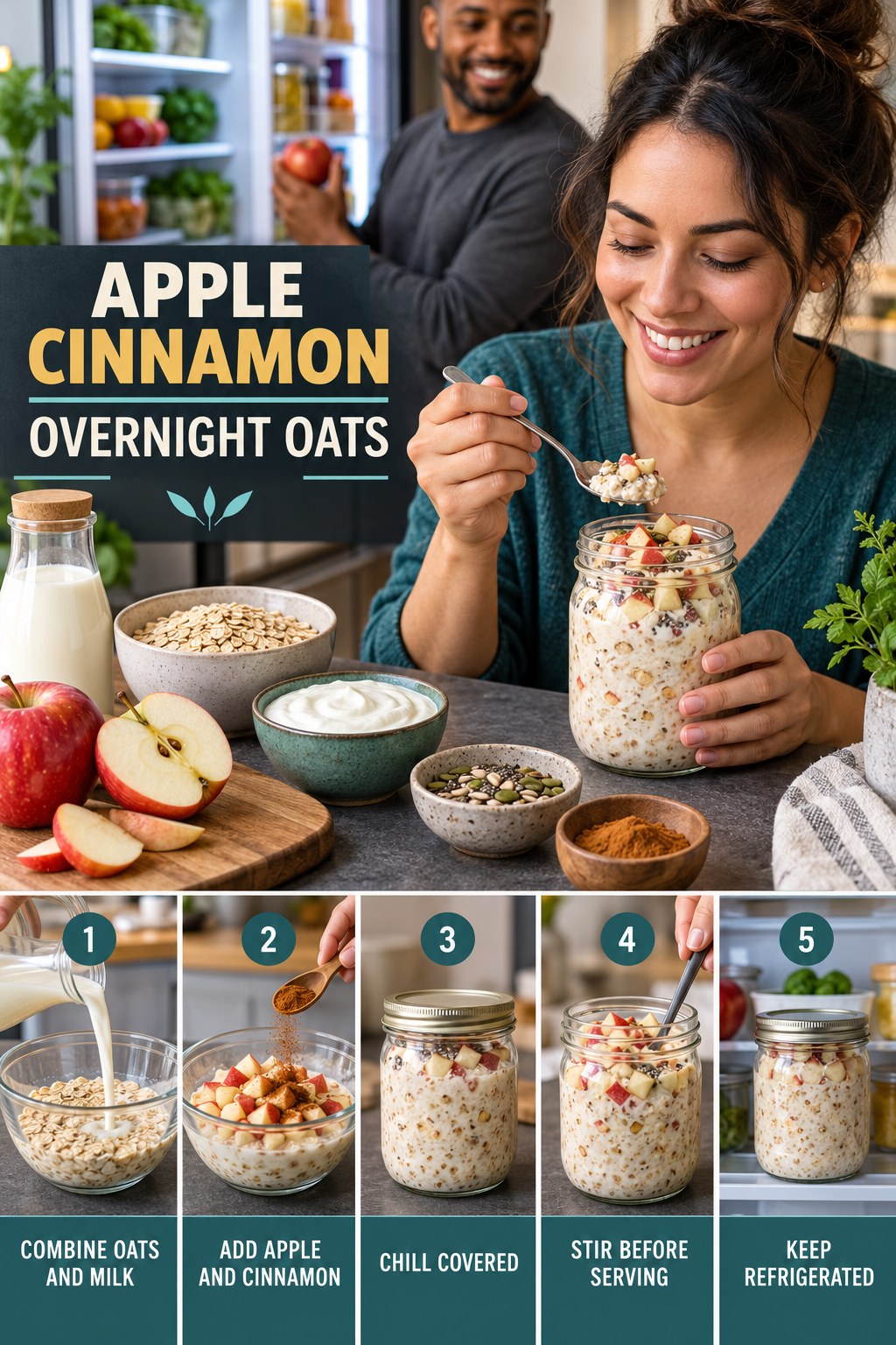 Apple Cinnamon Overnight Oats for Keto Diet with five readable preparation cues and a realistic finished dish.