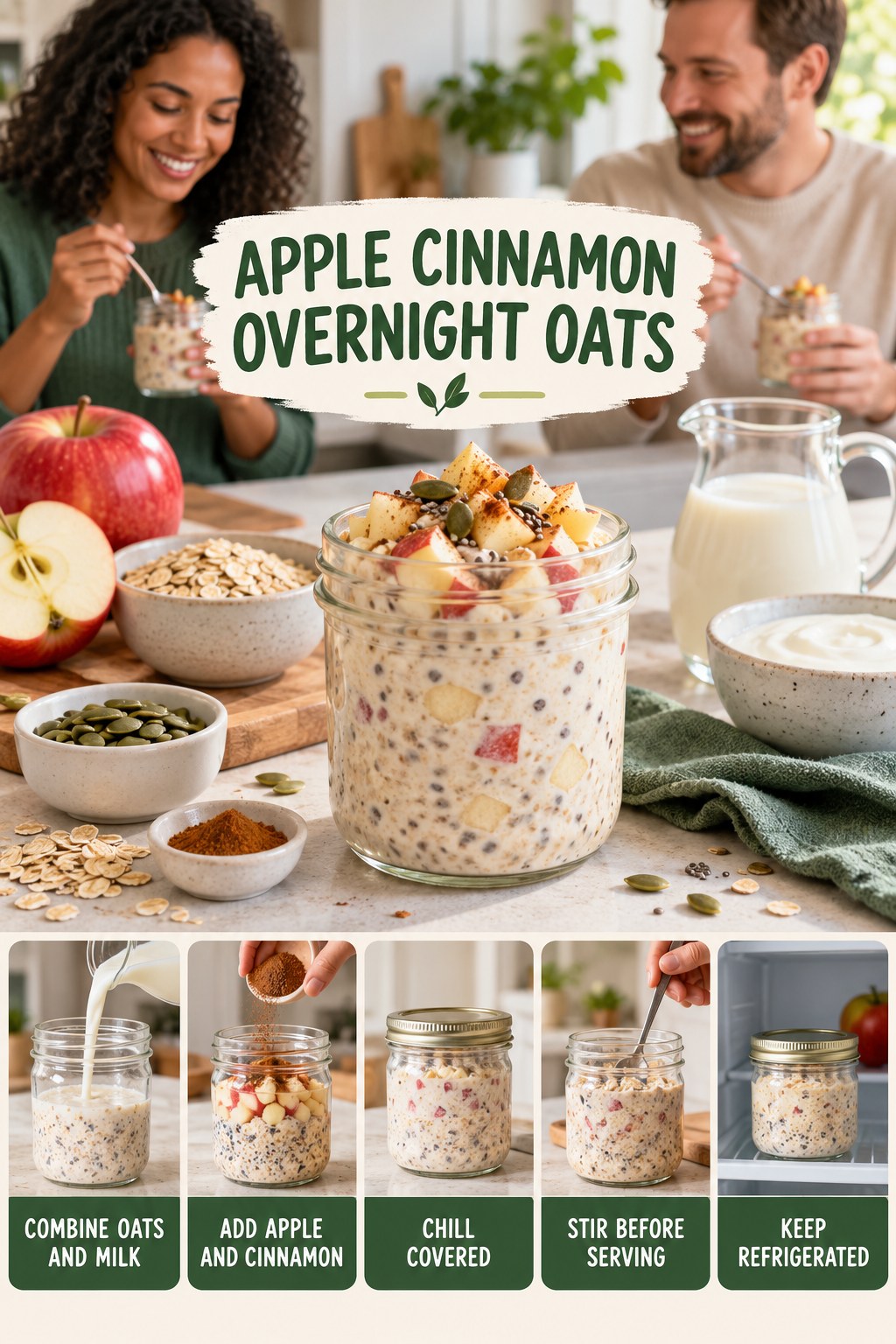 Apple Cinnamon Overnight Oats for Low Calorie Snacks with five readable preparation cues and a realistic finished dish.