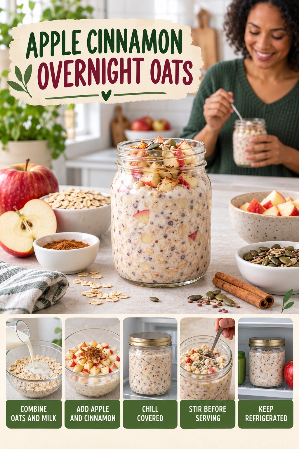 Apple Cinnamon Overnight Oats for Mediterranean Diet Recipes with five readable preparation cues and a realistic finished dish.