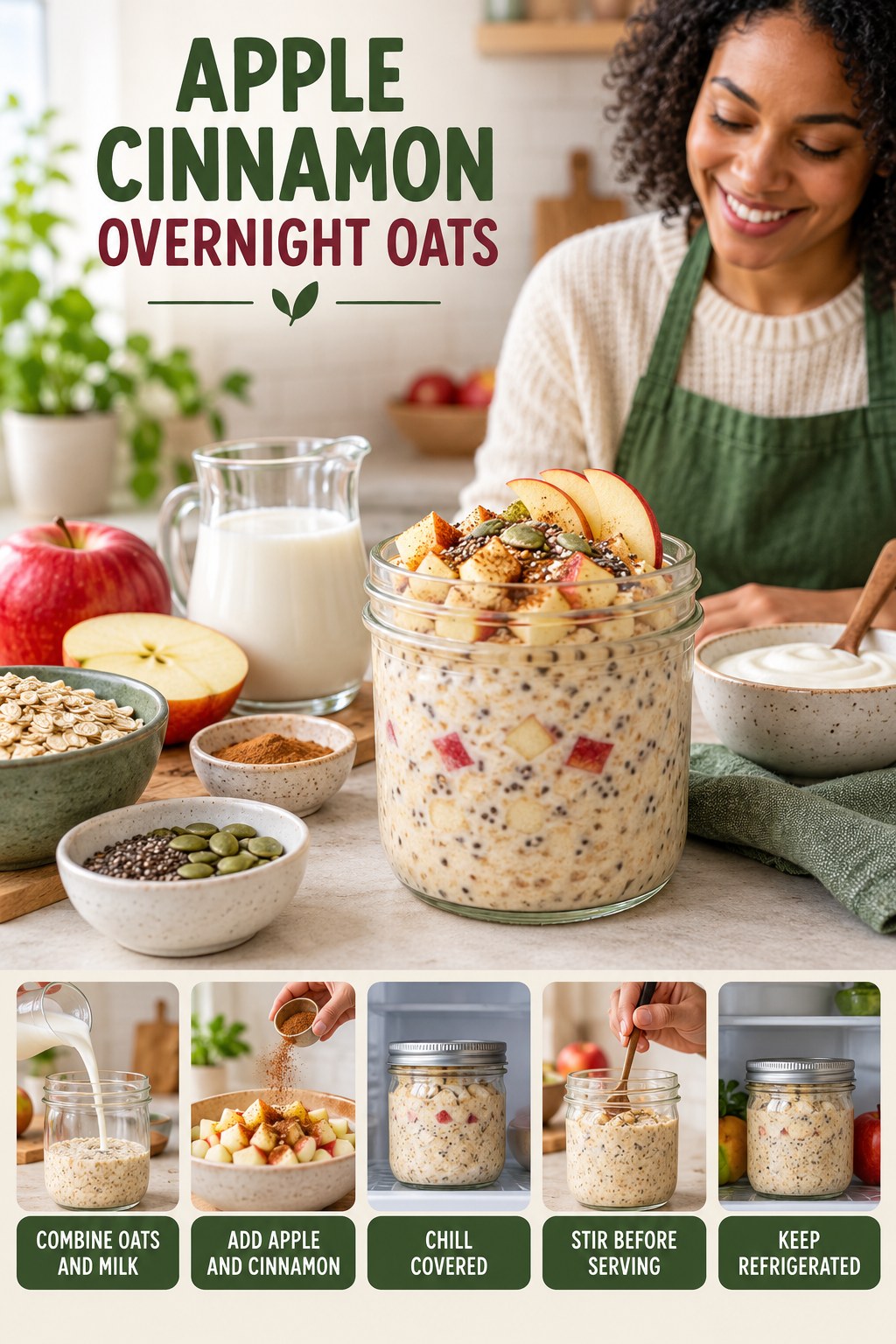 Apple Cinnamon Overnight Oats for Portion Control with five readable preparation cues and a realistic finished dish.