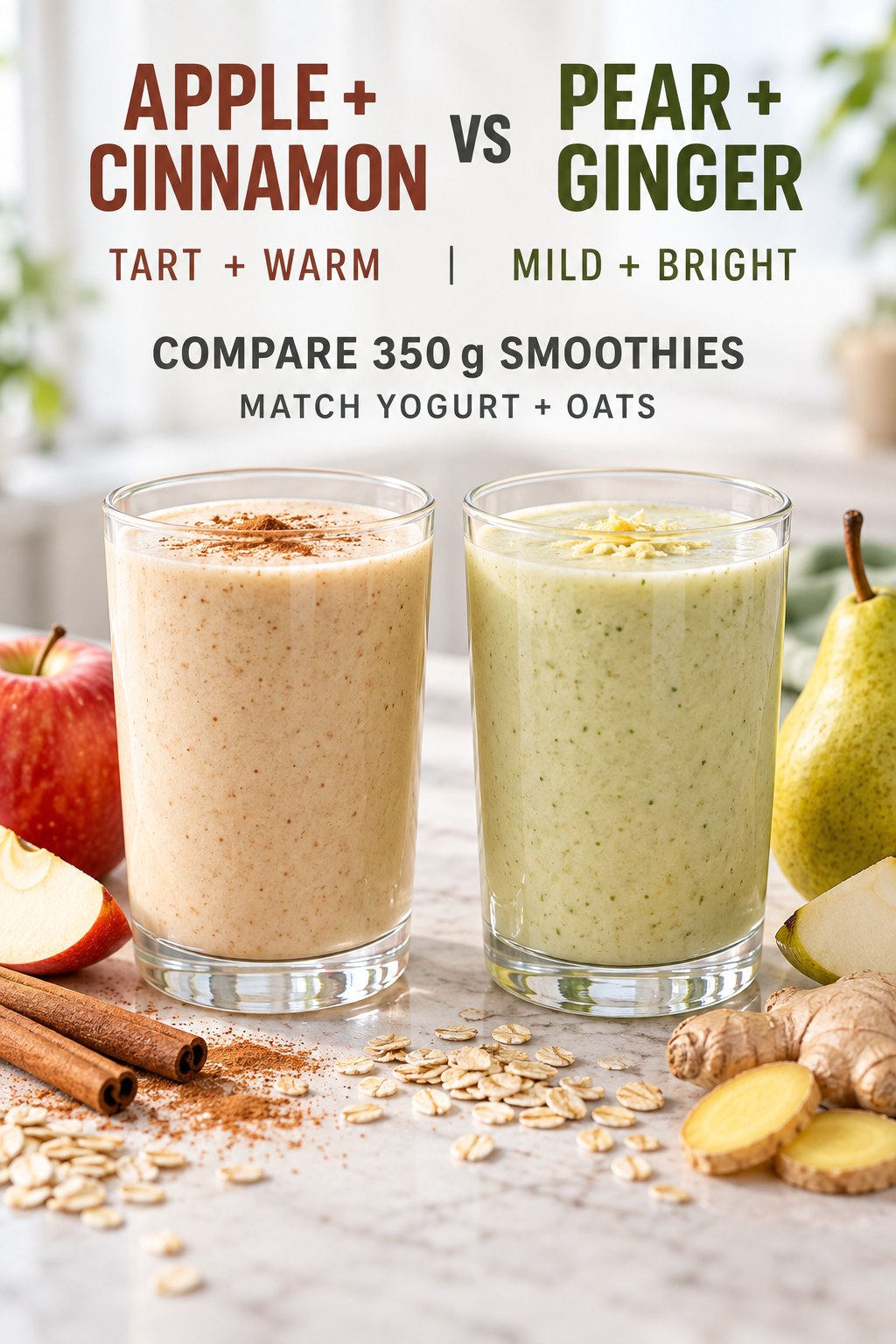 Apple cinnamon oat smoothie and pear ginger oat smoothie in equal beige and pale-green portions with fruit beside each glass.