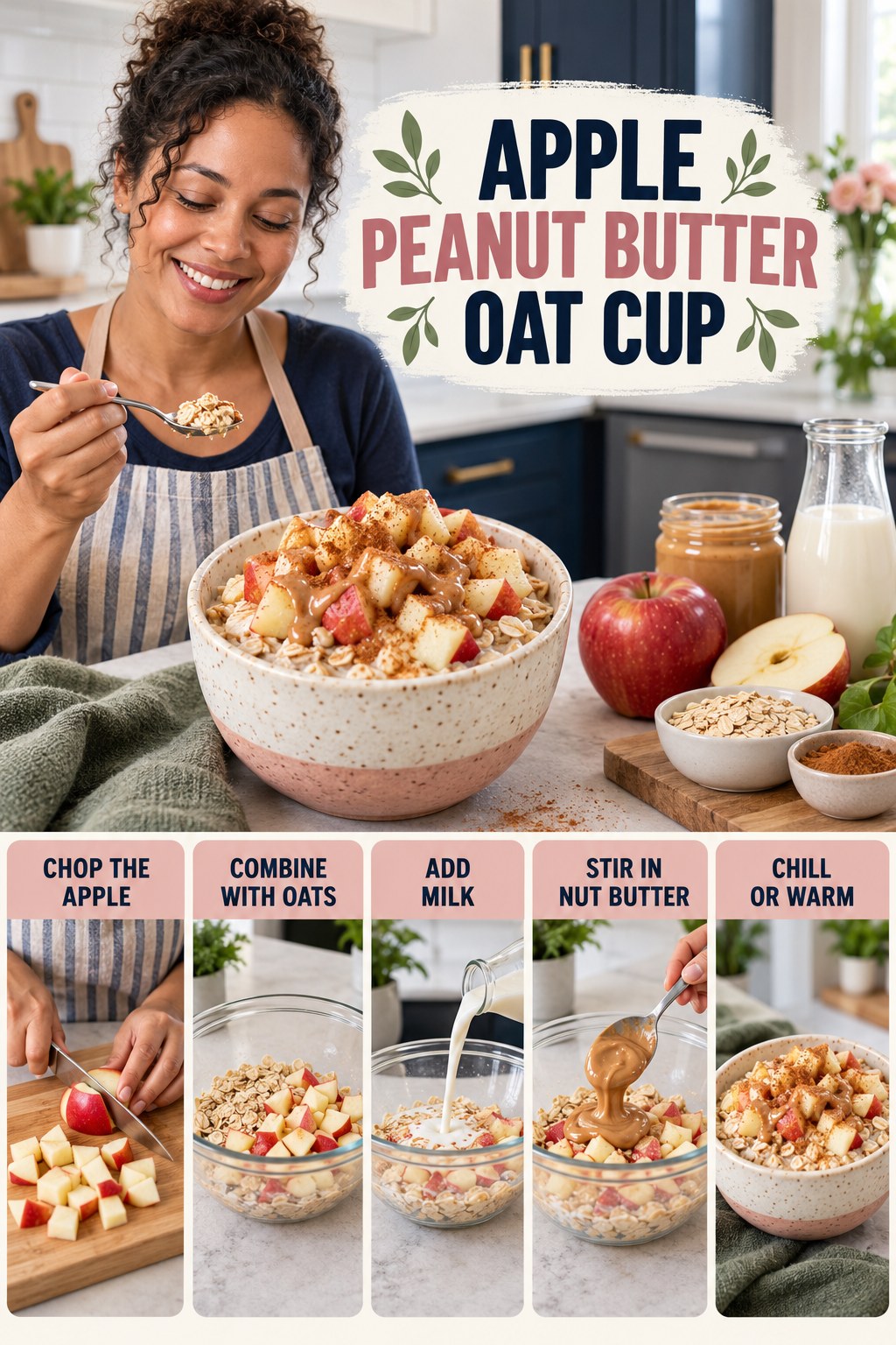 Apple Peanut Butter Oat Cup for Walking for Weight Loss with five readable preparation cues and a realistic finished dish.