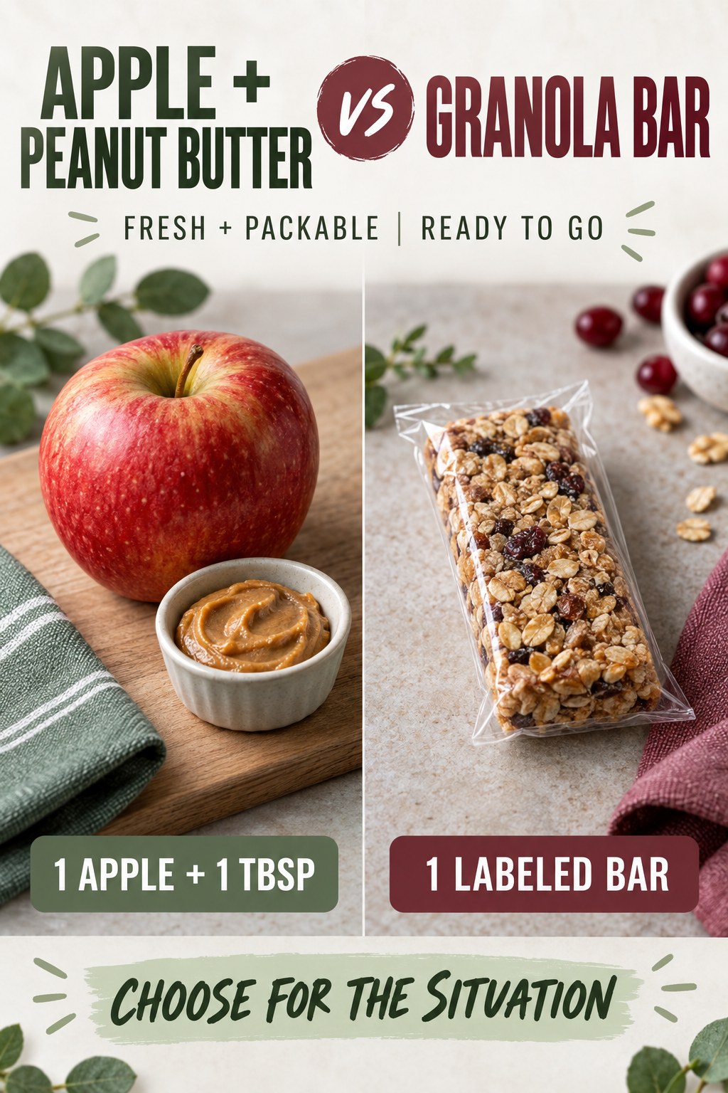 A medium apple with one tablespoon of peanut butter beside one granola bar, compared as portable snack options.