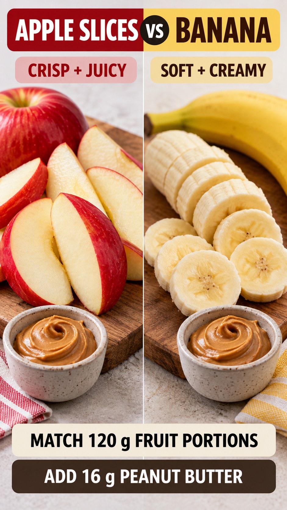 Apple slices and banana portions with equal measured peanut butter servings, compared as fruit snacks.