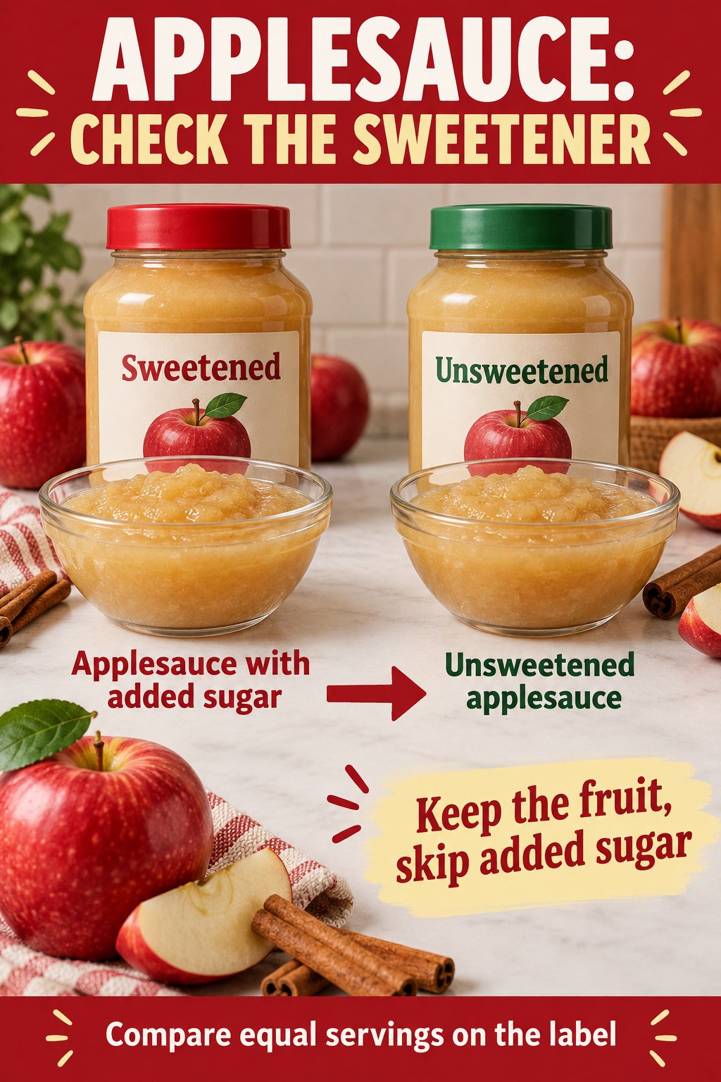 Sweetened applesauce and unsweetened applesauce in matching bowls with jars and an added-sugar comparison.