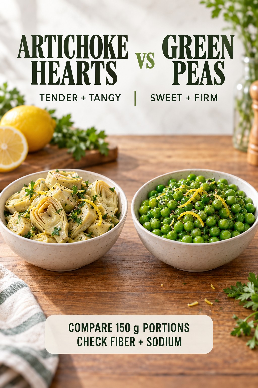 Cooked artichoke hearts and green peas in equal 150-gram side-dish portions with lemon and herbs.