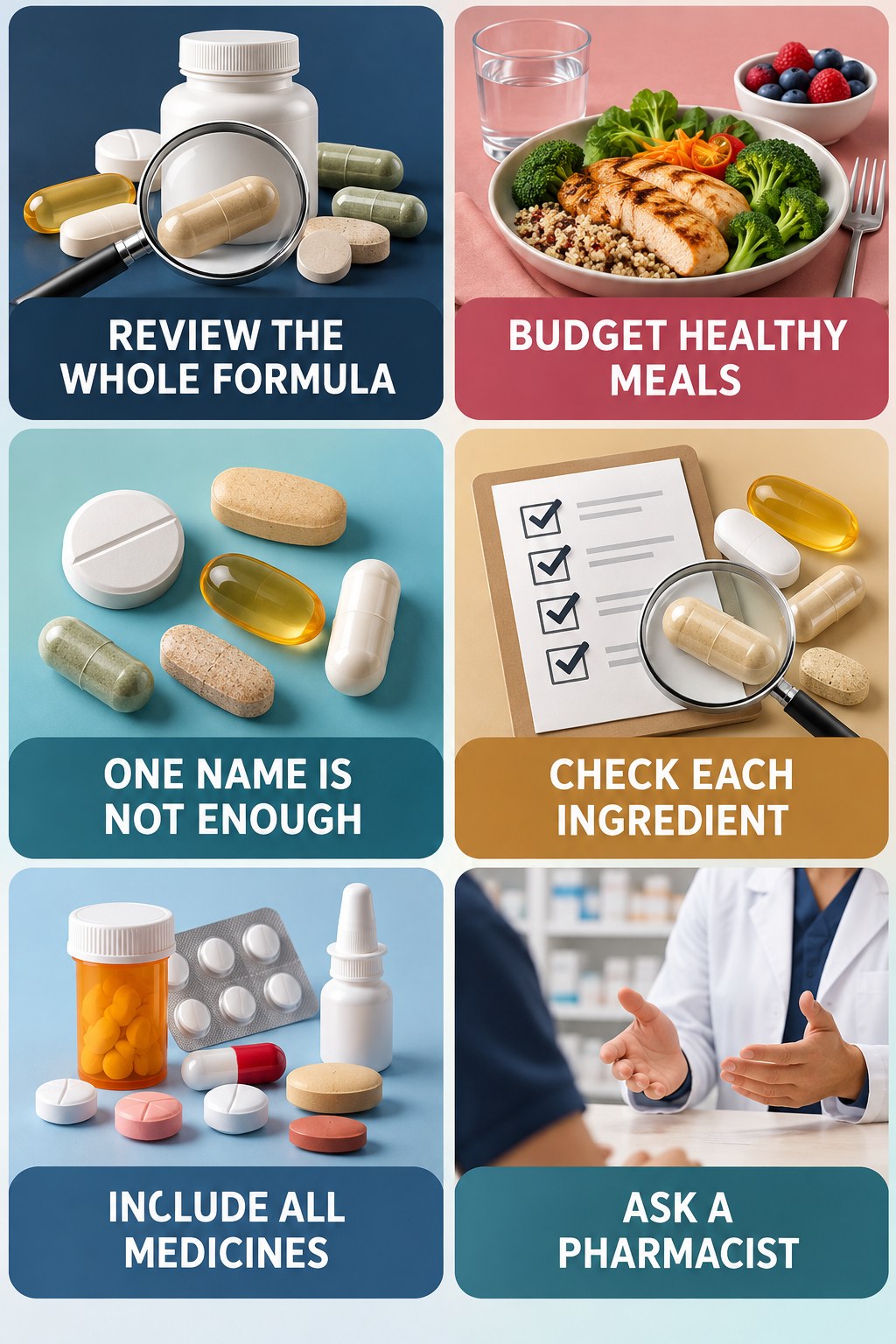 Ask a Pharmacist About Multi-Ingredient Formulas supplement-interaction safety infographic for Budget Healthy Meals with four concise review points.