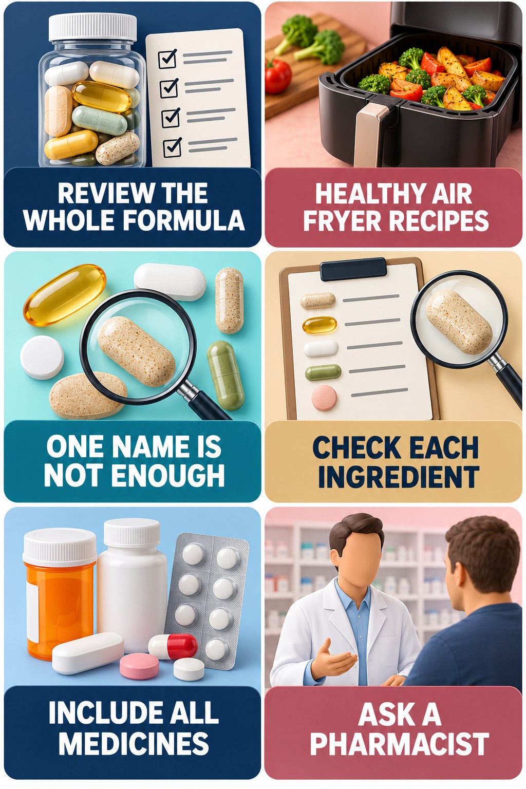 Ask a Pharmacist About Multi-Ingredient Formulas supplement-interaction safety infographic for Healthy Air Fryer Recipes with four concise review points.