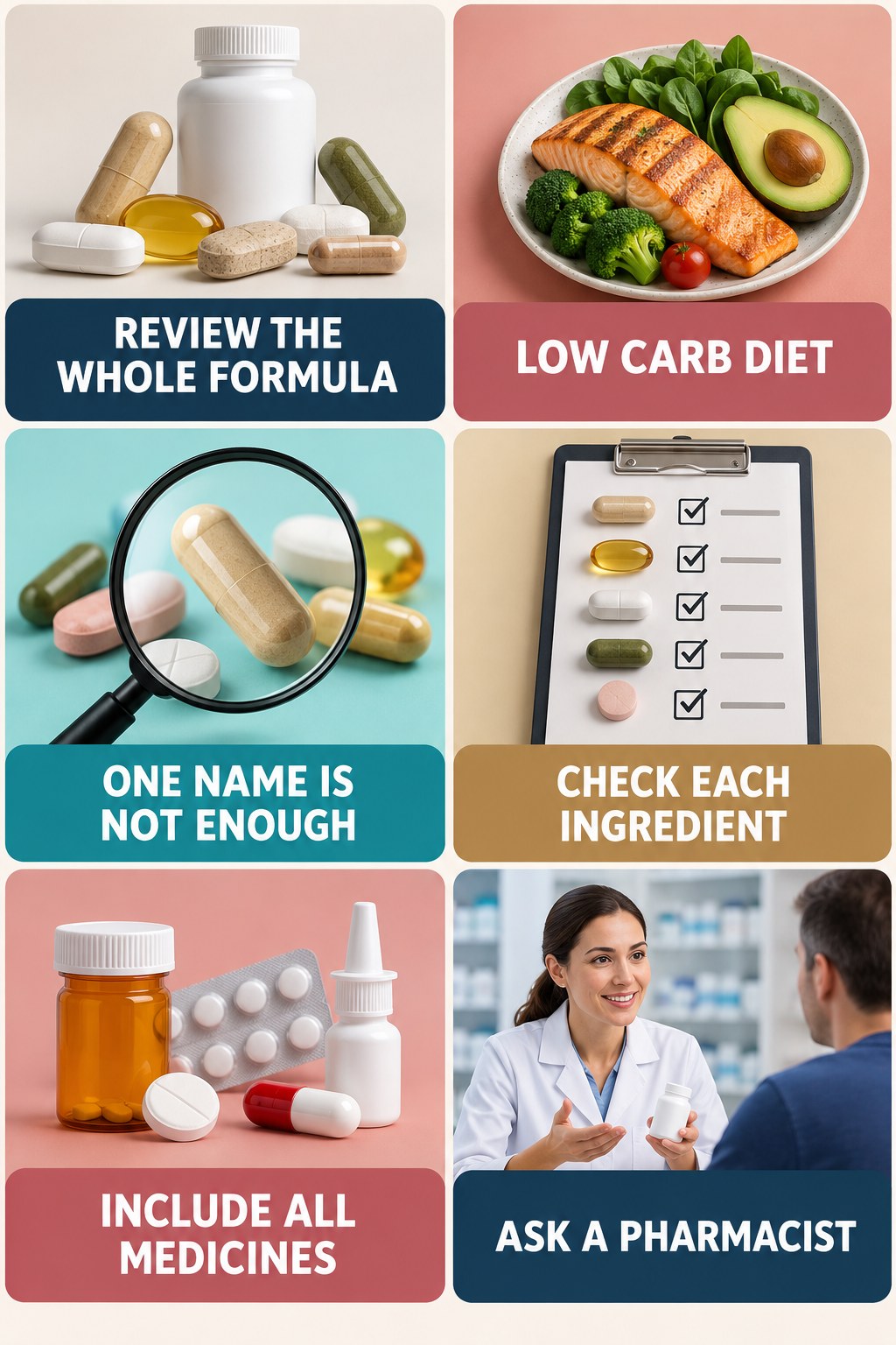 Ask a Pharmacist About Multi-Ingredient Formulas supplement-interaction safety infographic for Low Carb Diet with four concise review points.