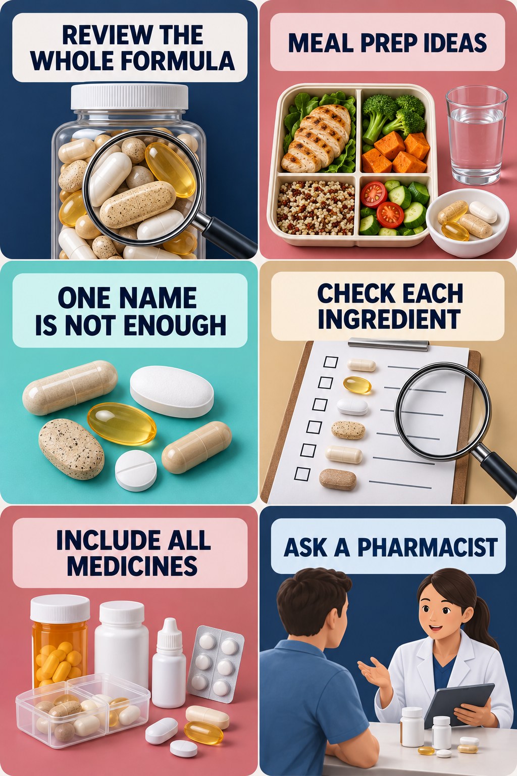 Ask a Pharmacist About Multi-Ingredient Formulas supplement-interaction safety infographic for Meal Prep Ideas with four concise review points.
