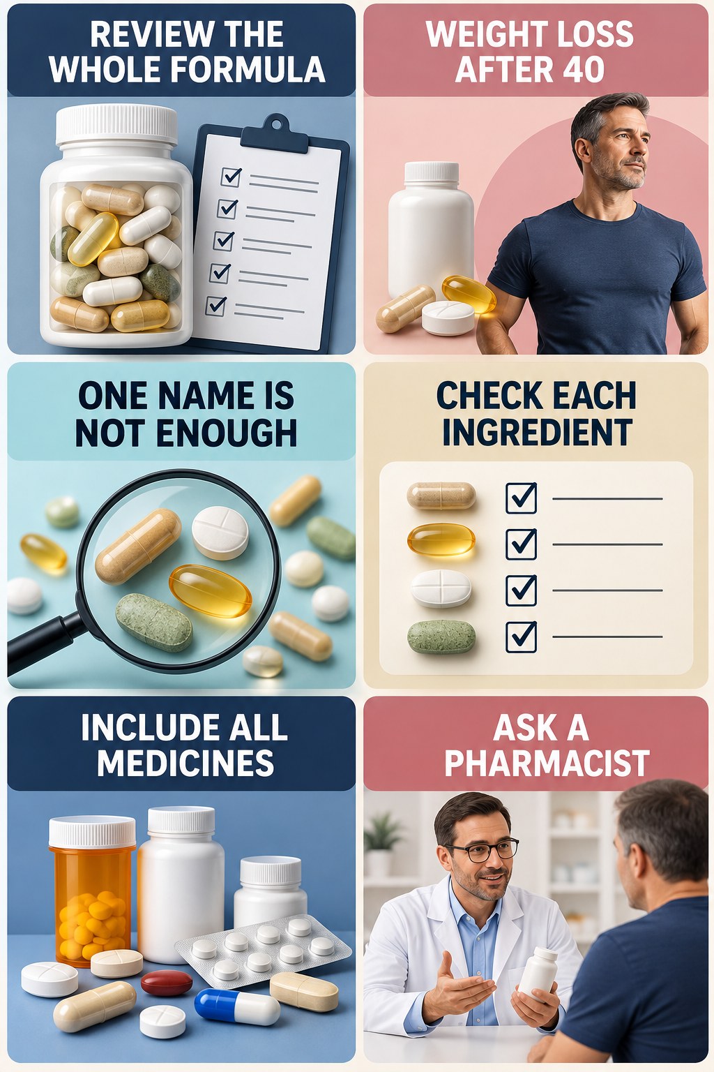 Ask a Pharmacist About Multi-Ingredient Formulas supplement-interaction safety infographic for Weight Loss After 40 with four concise review points.