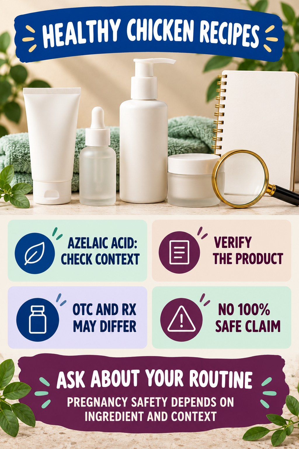 Ask About Azelaic Acid With Qualified Language pregnancy skincare ingredient-question infographic for Healthy Chicken Recipes with four careful label-review points.