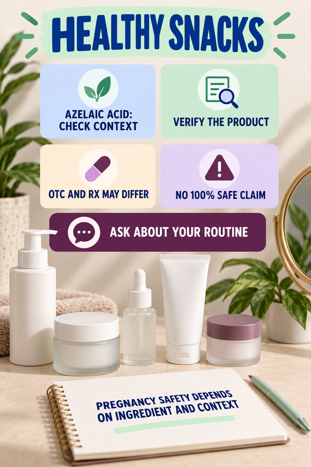 Ask About Azelaic Acid With Qualified Language pregnancy skincare ingredient-question infographic for Healthy Snacks with four careful label-review points.