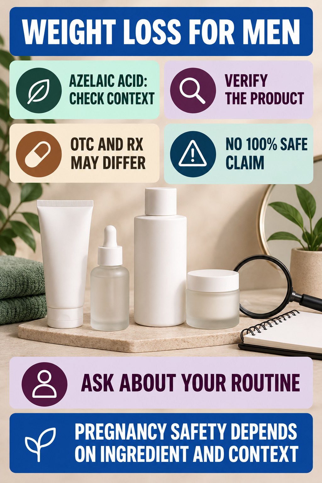 Ask About Azelaic Acid With Qualified Language pregnancy skincare ingredient-question infographic for Weight Loss for Men with four careful label-review points.