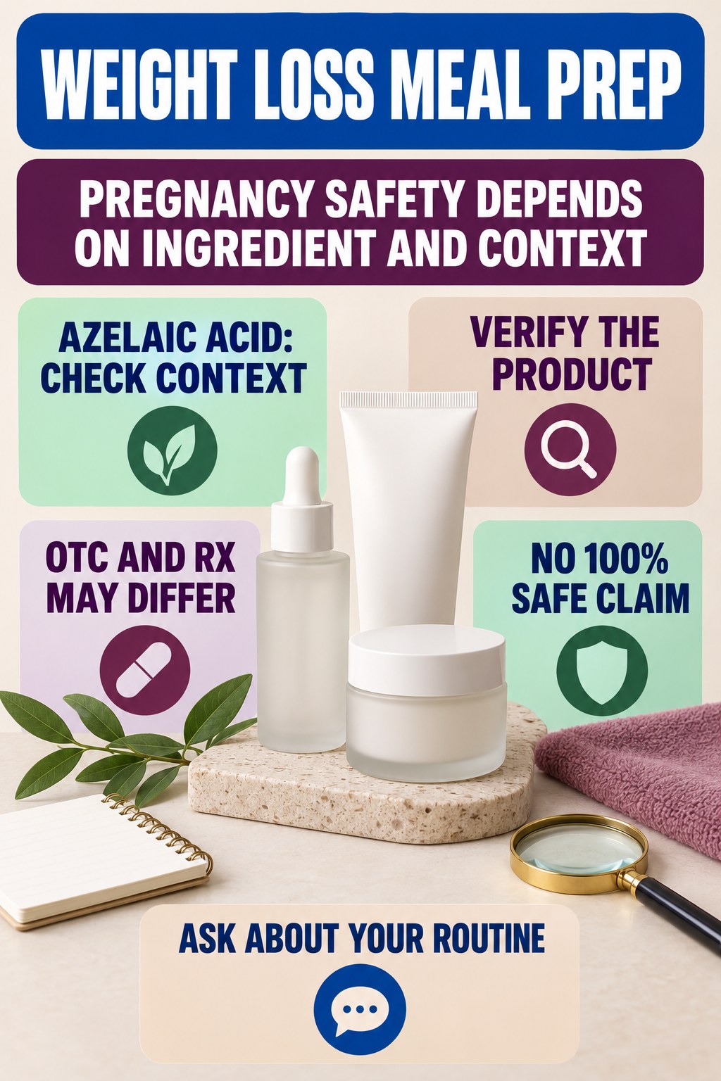 Ask About Azelaic Acid With Qualified Language pregnancy skincare ingredient-question infographic for Weight Loss Meal Prep with four careful label-review points.