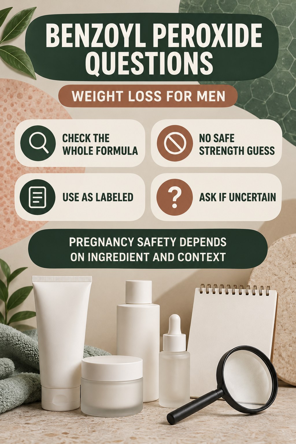 Ask About Benzoyl Peroxide Without Inventing a Regimen pregnancy skincare ingredient-question infographic for Weight Loss for Men with four careful label-review points.