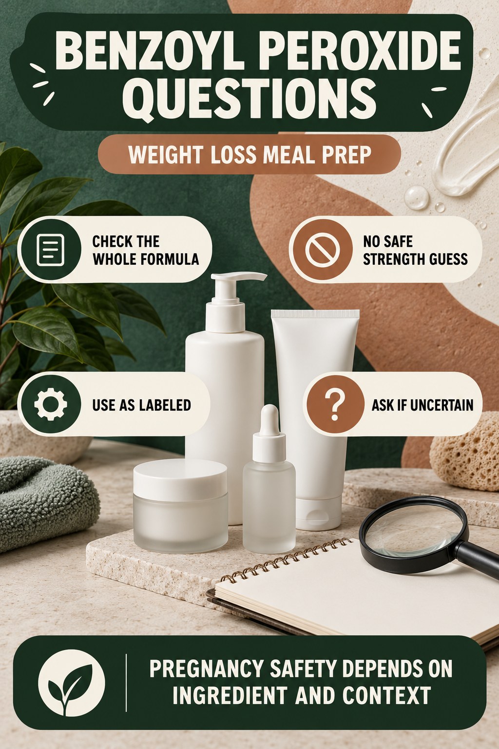 Ask About Benzoyl Peroxide Without Inventing a Regimen pregnancy skincare ingredient-question infographic for Weight Loss Meal Prep with four careful label-review points.