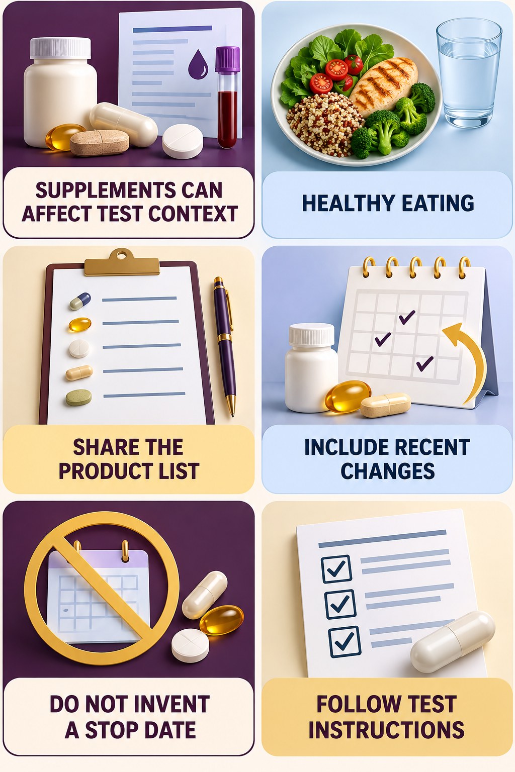 Ask About Supplements Before Lab Work supplement-interaction safety infographic for Healthy Eating with four concise review points.