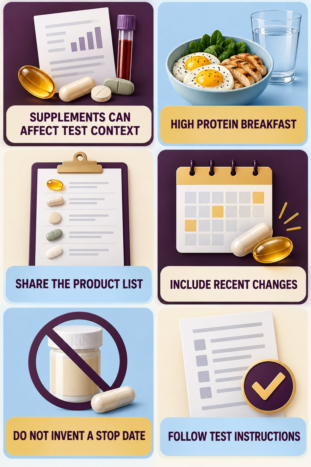 Ask About Supplements Before Lab Work supplement-interaction safety infographic for High Protein Breakfast with four concise review points.