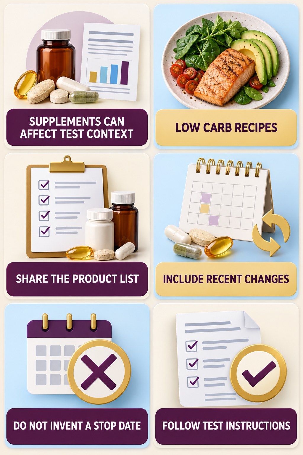 Ask About Supplements Before Lab Work supplement-interaction safety infographic for Low Carb Recipes with four concise review points.
